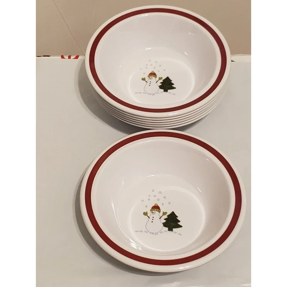 Lot‎ Of 7 Pottery Barn Kids Christmas Holiday Snowman Tree Bowls Cereal Soup